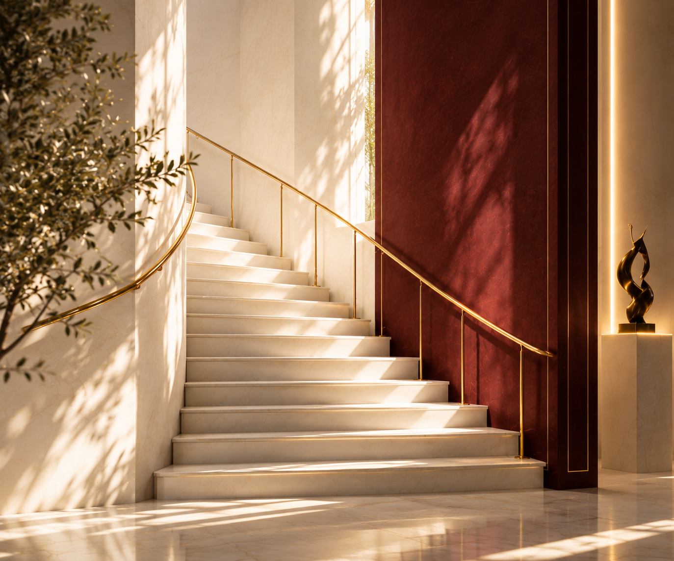 Escalier architectural lumineux aux accents cramoisis et dorés